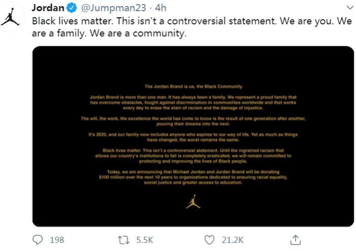 乔丹品牌在社交网站“推特”上发表声明。(图片来源：乔丹品牌官方推特账号)